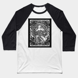 Alphonse Mucha Girl in Black and White Art Nouveau Baseball T-Shirt